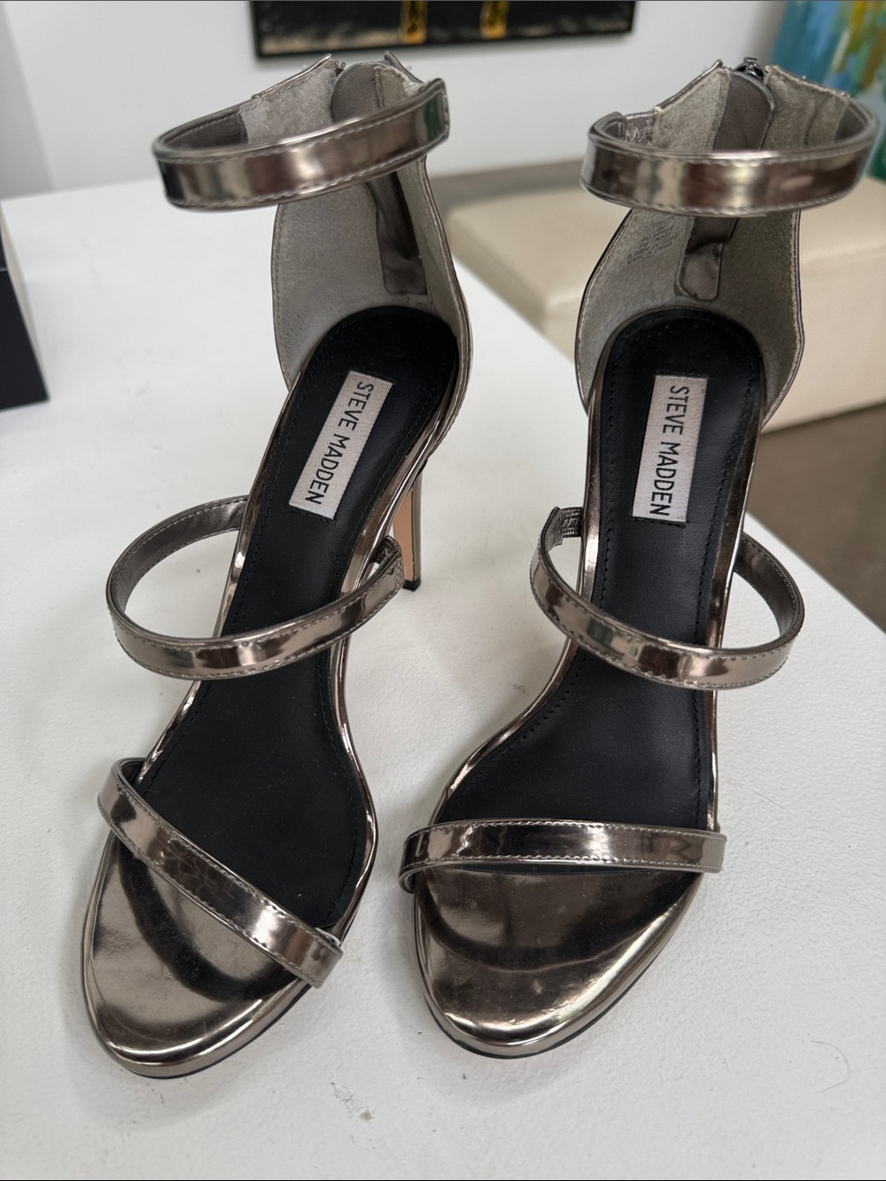 Steve Madden Metallic Silver Strappy High Heel Sandals Feelya